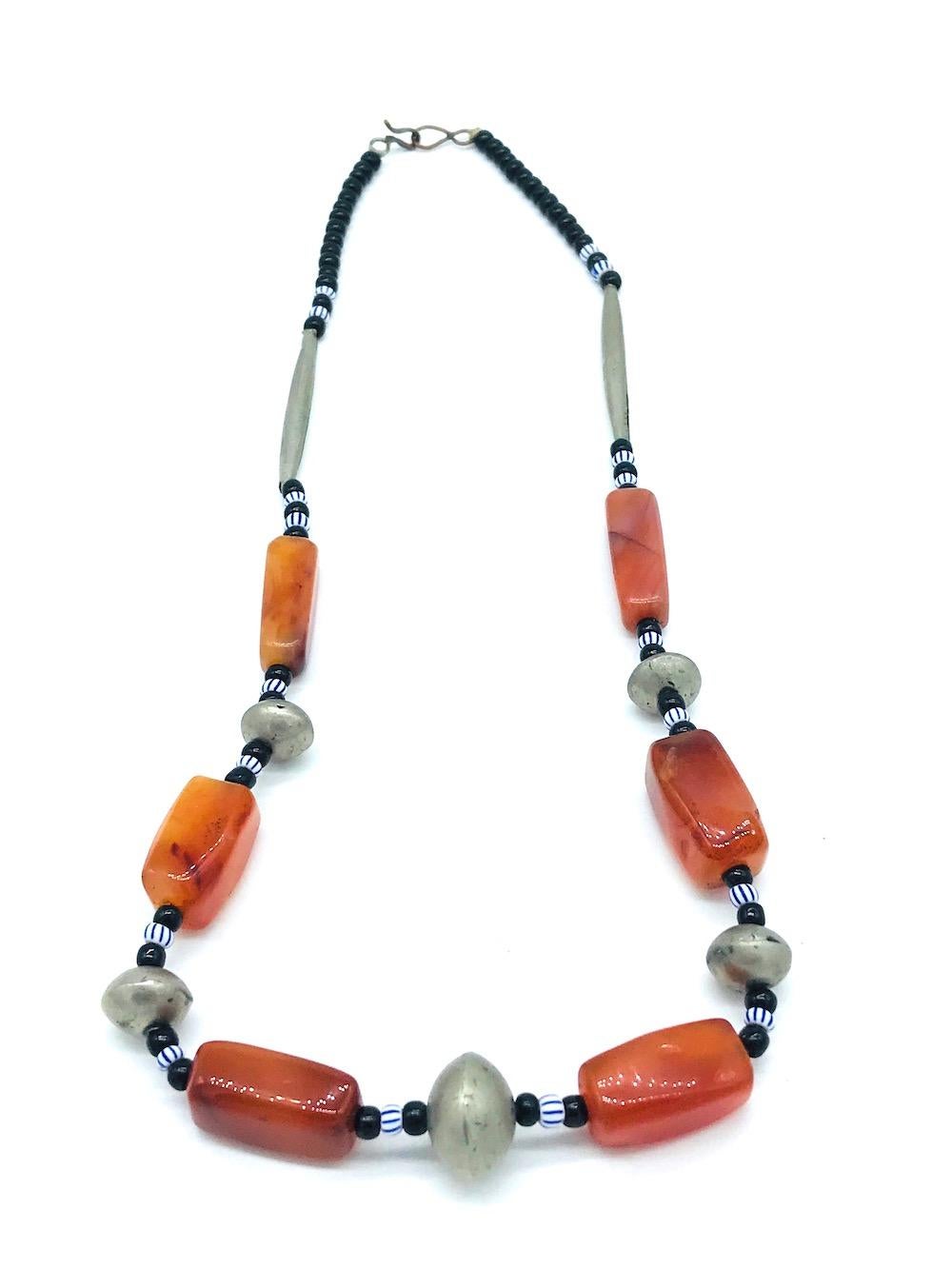 Artisan Rare Mali Africa, Orange Bead Hand Painted Necklace For Sale