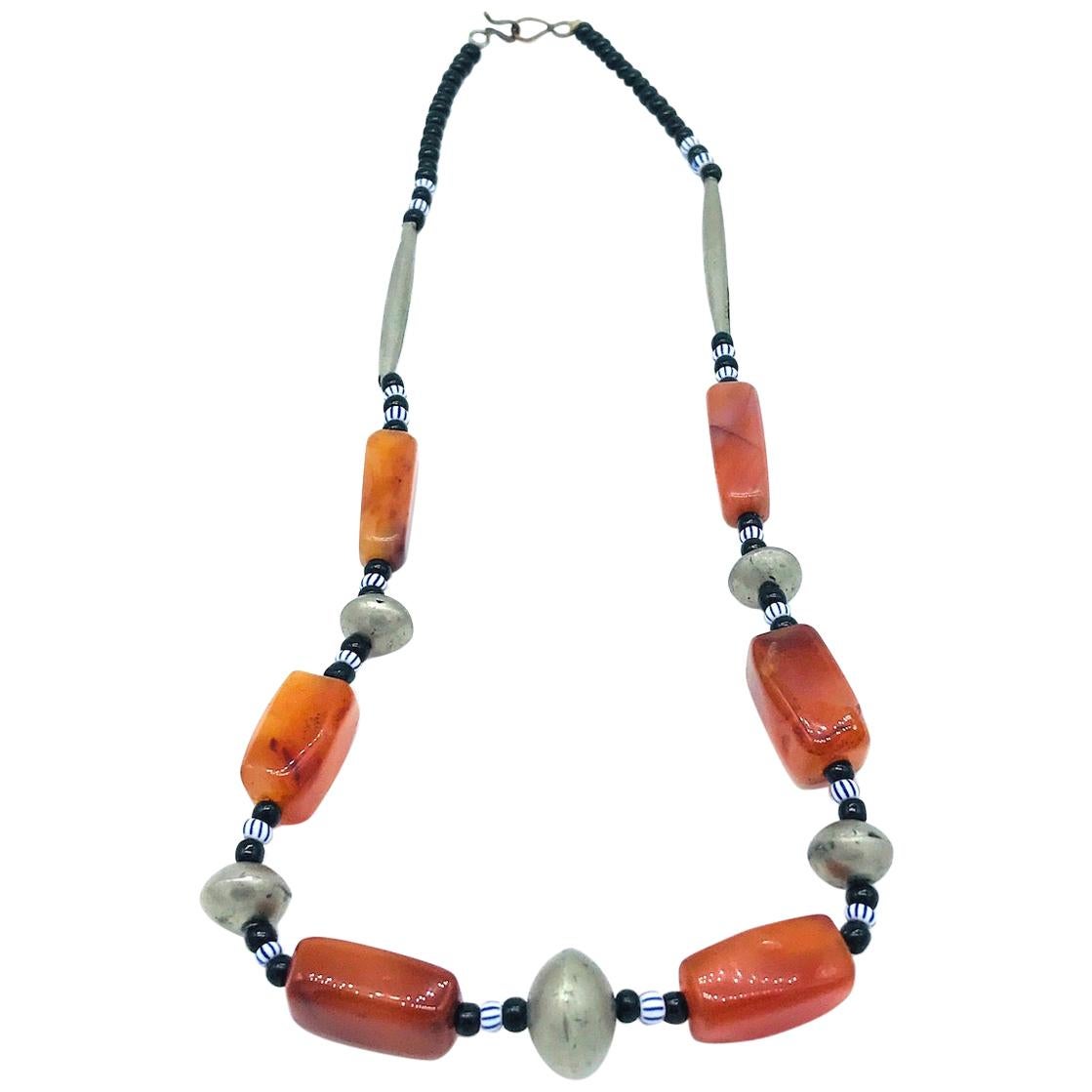 Rare Mali Africa, Orange Bead Hand Painted Necklace For Sale