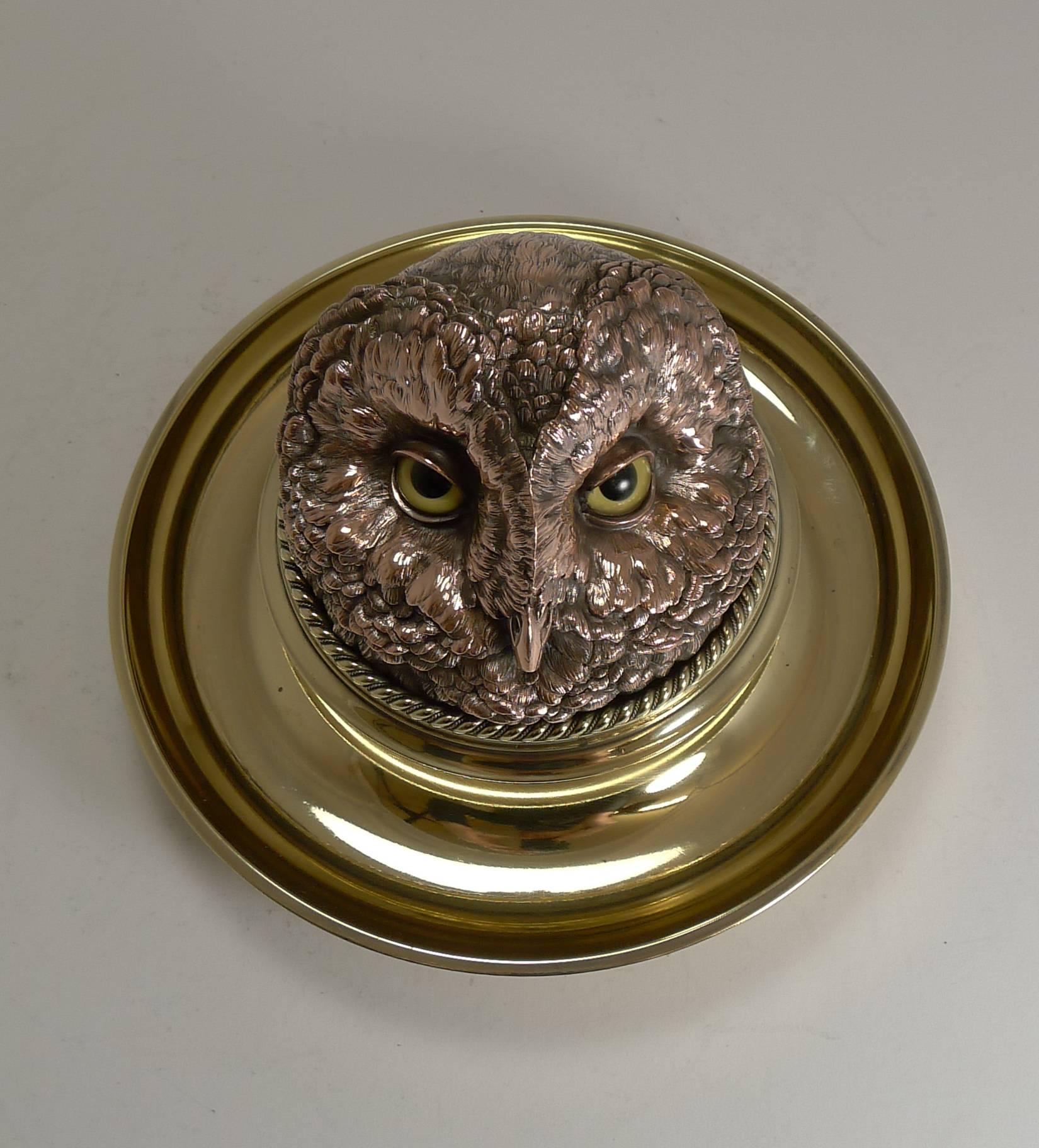 Rare Mammoth English Victorian Novelty Inkwell, Owl with Glass Eyes, circa 1880 2