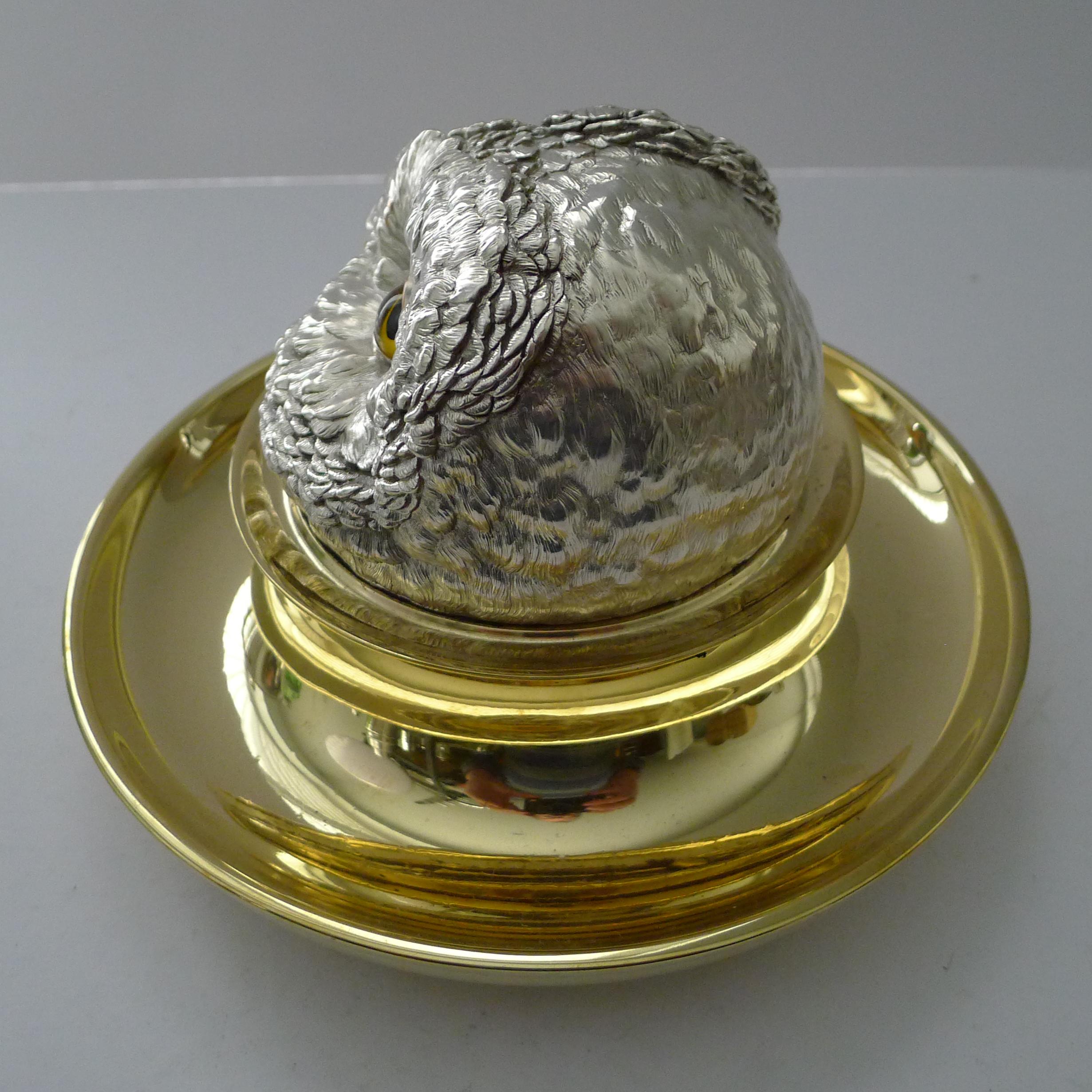 Silver Plate Rare Mammoth English Victorian Novelty Inkwell, Owl with Glass Eyes C.1880 For Sale