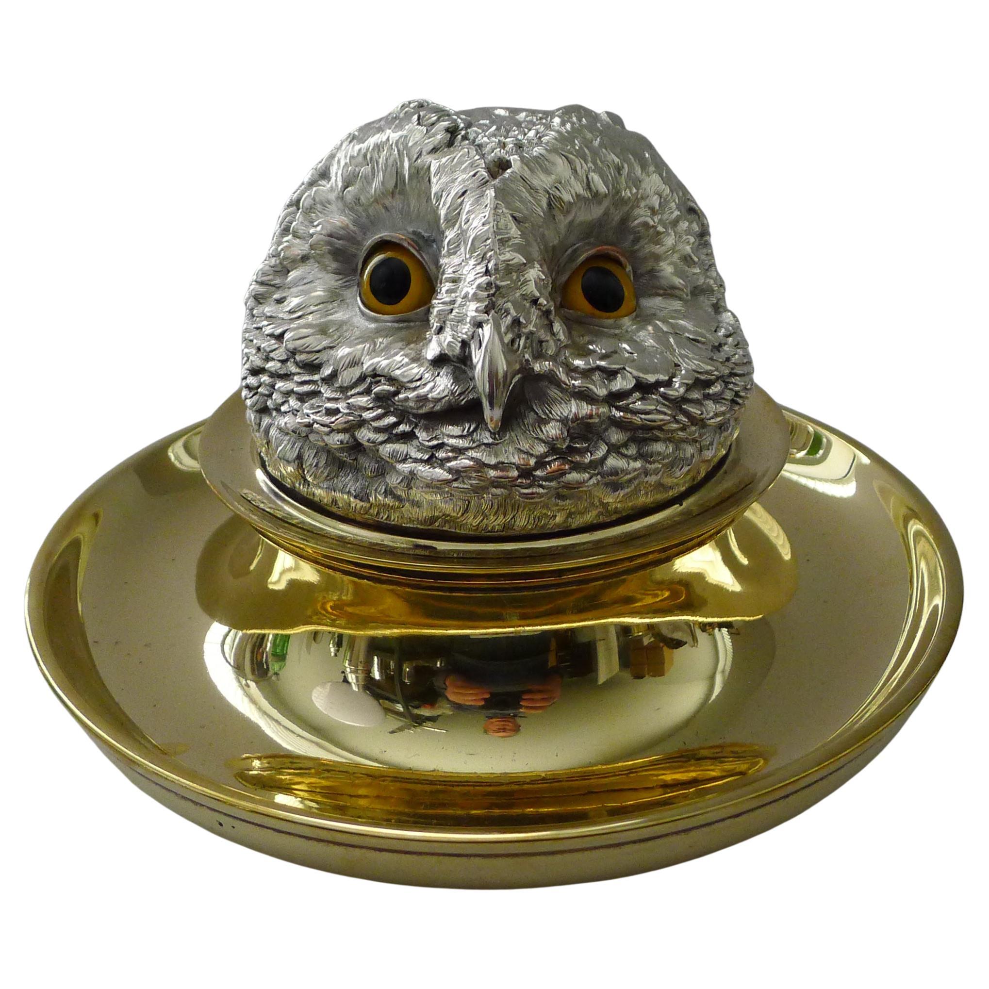 Rare Mammoth English Victorian Novelty Inkwell, Owl with Glass Eyes C.1880