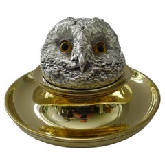 Antique Rare Mammoth English Victorian Novelty Inkwell, Owl with Glass Eyes C.1880