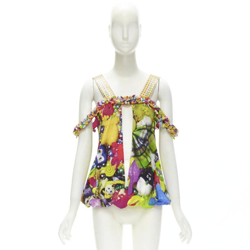 rare MANISH ARORA Doll Toys embellished slit front printed top For Sale 6