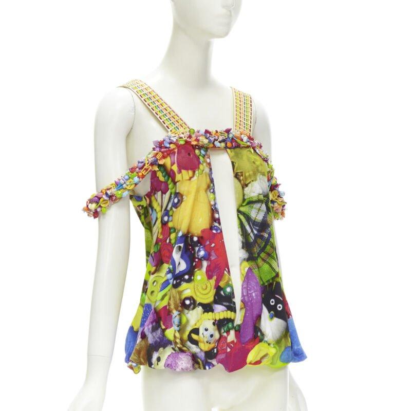Beige rare MANISH ARORA Doll Toys embellished slit front printed top For Sale