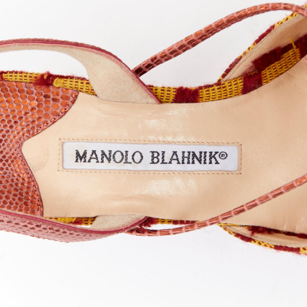 raro MANOLO BLAHNIK Vintage rosso giallo scalato cristallo fibbia slingback pompa EU37 in vendita 6