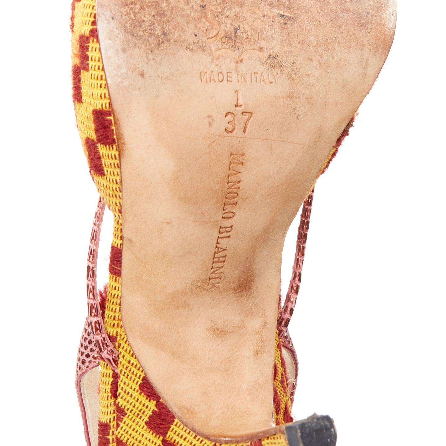 raro MANOLO BLAHNIK Vintage rosso giallo scalato cristallo fibbia slingback pompa EU37 in vendita 4