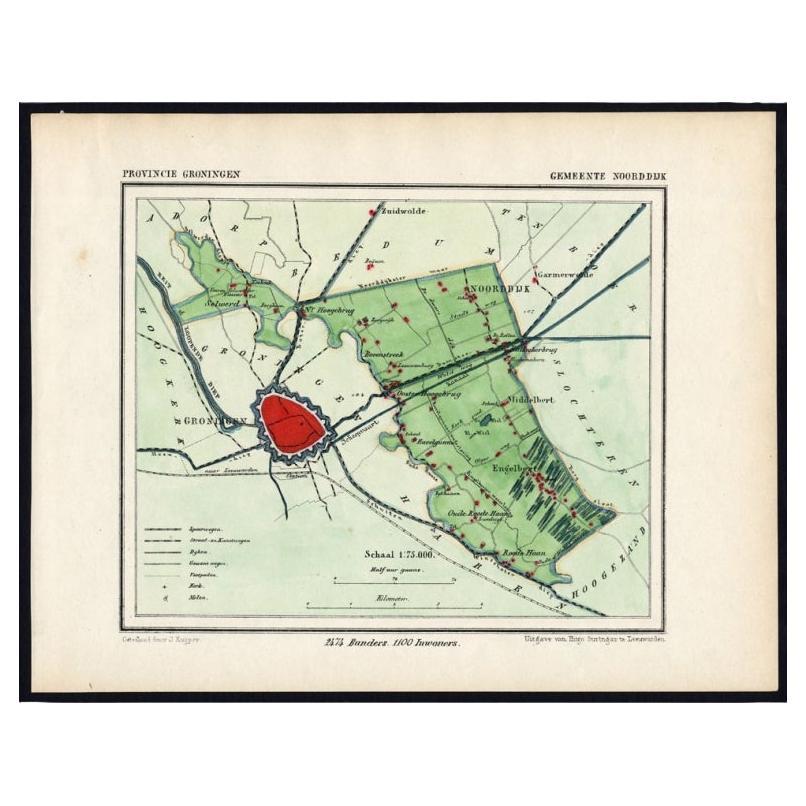 Seltene Karte der niederländischen Gemeinde Noorddijk in der Nähe von Groningen, 1865