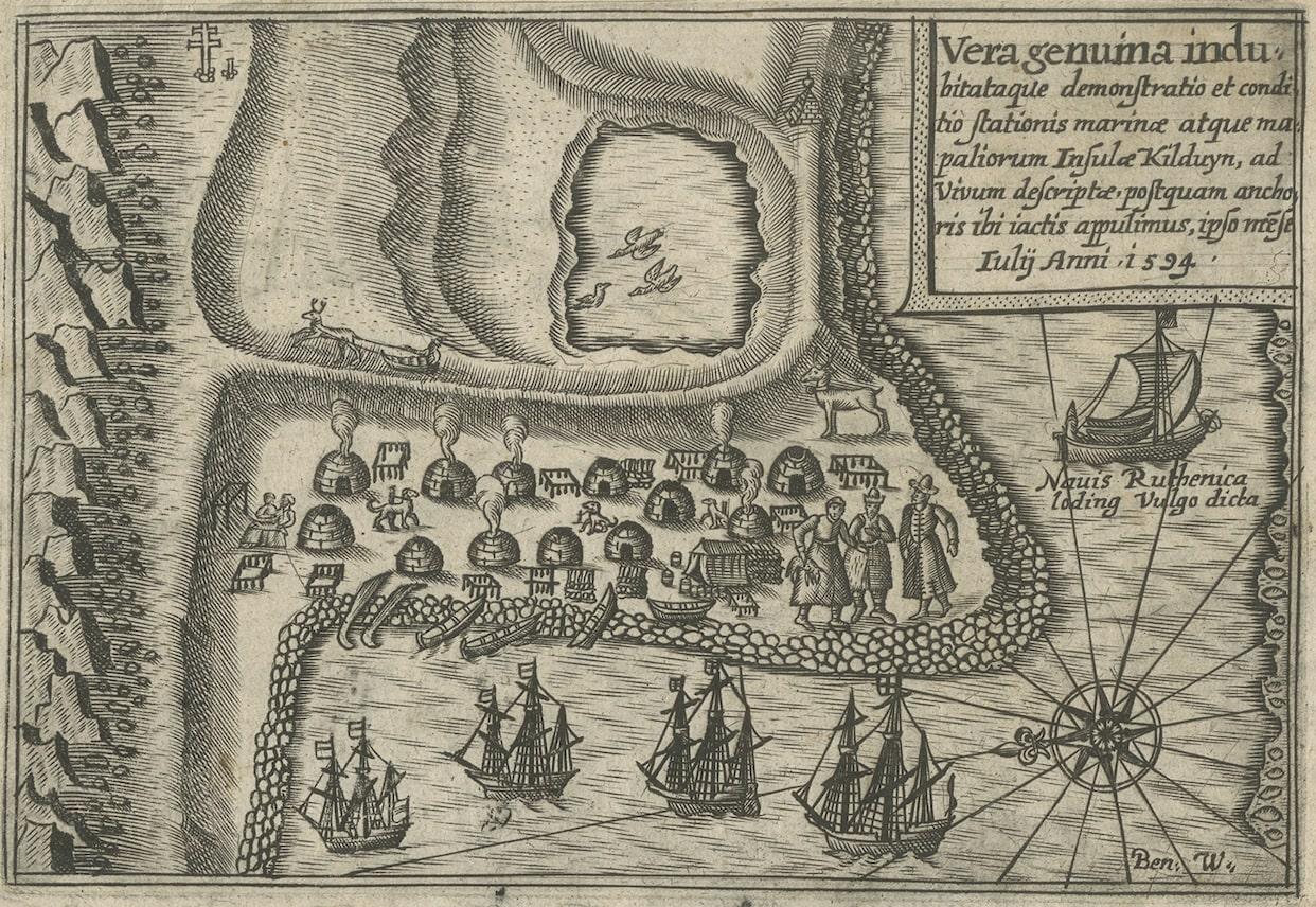 Insula Kilduyn. Orig. copper-engraving after details from J. H. van Linschoten's map taken from his account of the three expeditions undertaken by Willem Barents in 1594, in an attempt to discover a north-east passage to China. Kildin is a small