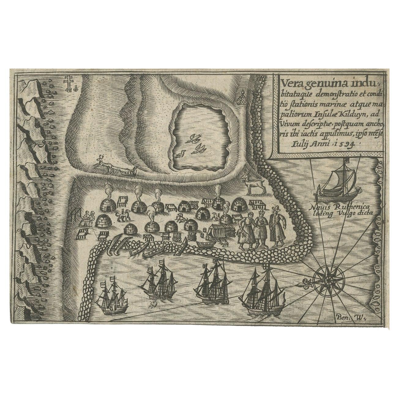 Rare Map of Kildin Island in Russia Plus Engraving of Seal Hunting, 1614 In Fair Condition For Sale In Langweer, NL