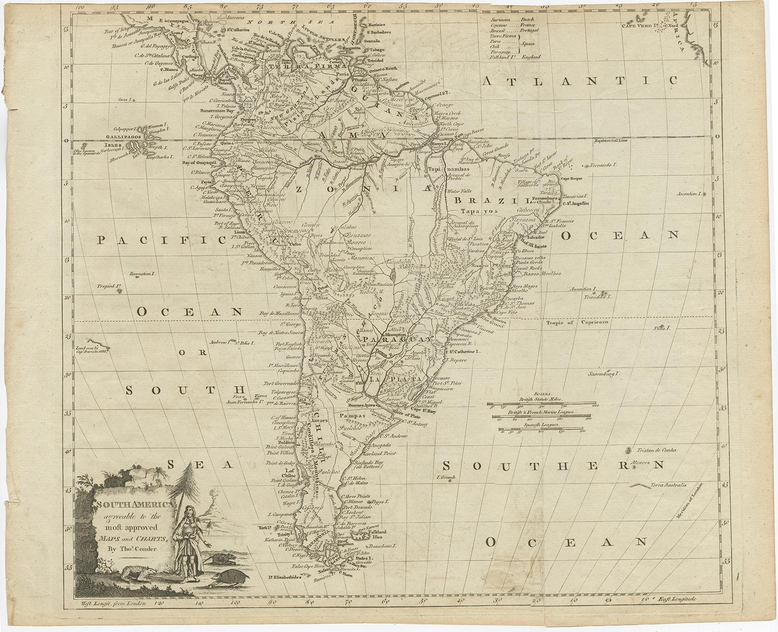 Antique map titled 'South America agreeable to the most approved maps and charts'. 

Rare map of South America depicting Chili, La Plata, Paraguay, Brazil, Peru, the Amazon and surroundings. 

Artists and Engravers: Thomas Conder (1747 - June