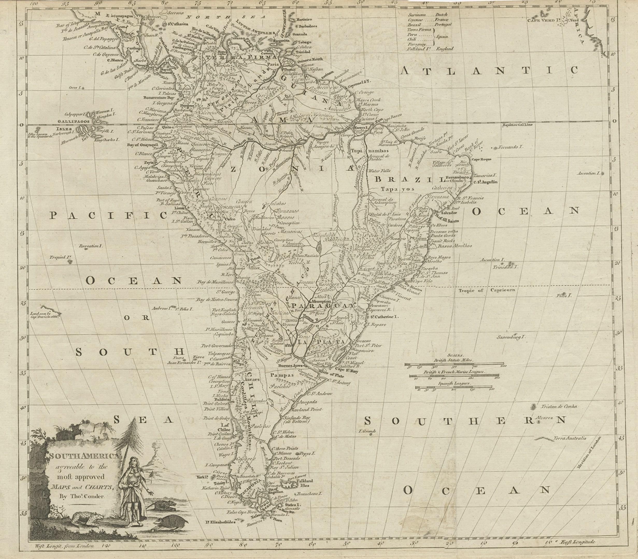 Seltene Karte Südamerikas von Chili, La Plata, Paraguay, Brasilien, Peru, um 1775 im Zustand „Gut“ im Angebot in Langweer, NL