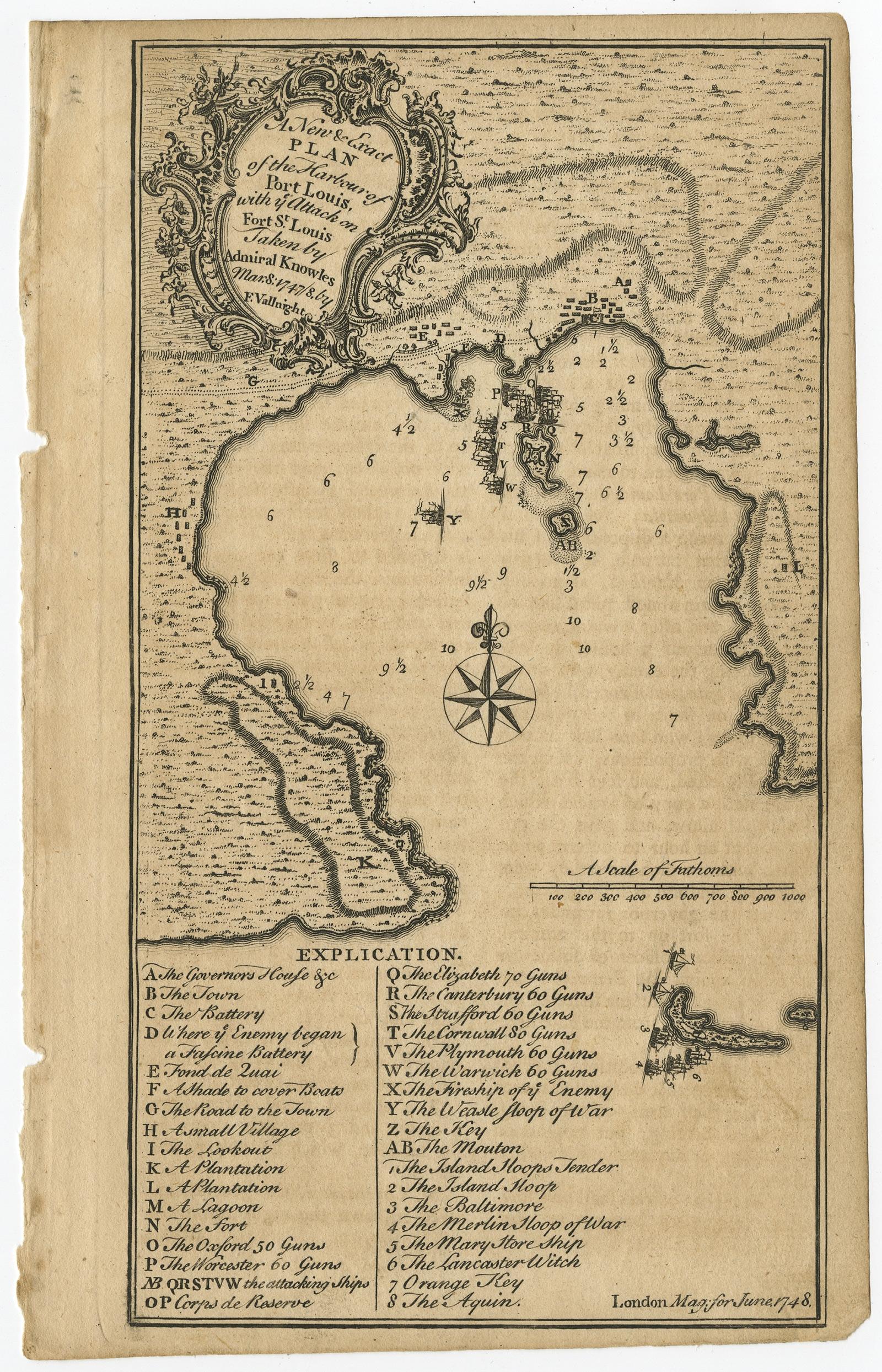 Description: Antique map titled 'A New & Exact Planof the Harbour of Port Louis (..)'. 

Scarce early plan of the Harbor of St. Louis on the Island of Hispaniola (Santa Domingo), showing the the harbor at the time it was taken by Admiral Knowles