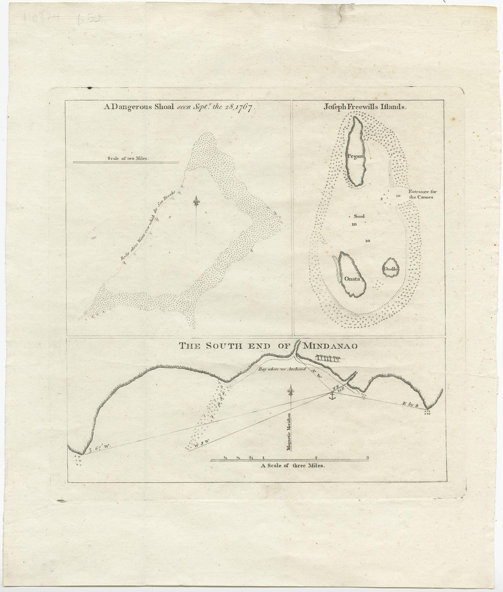 Three charts on one sheet titled '1) A Dangerous Shoal 2) Joseph Freewills Island 3) The South End of Mindanao'. 

It shows Captain Carteret's voyage: Saint George's Channel to Mindanao. This print originates from 'An account of the voyages