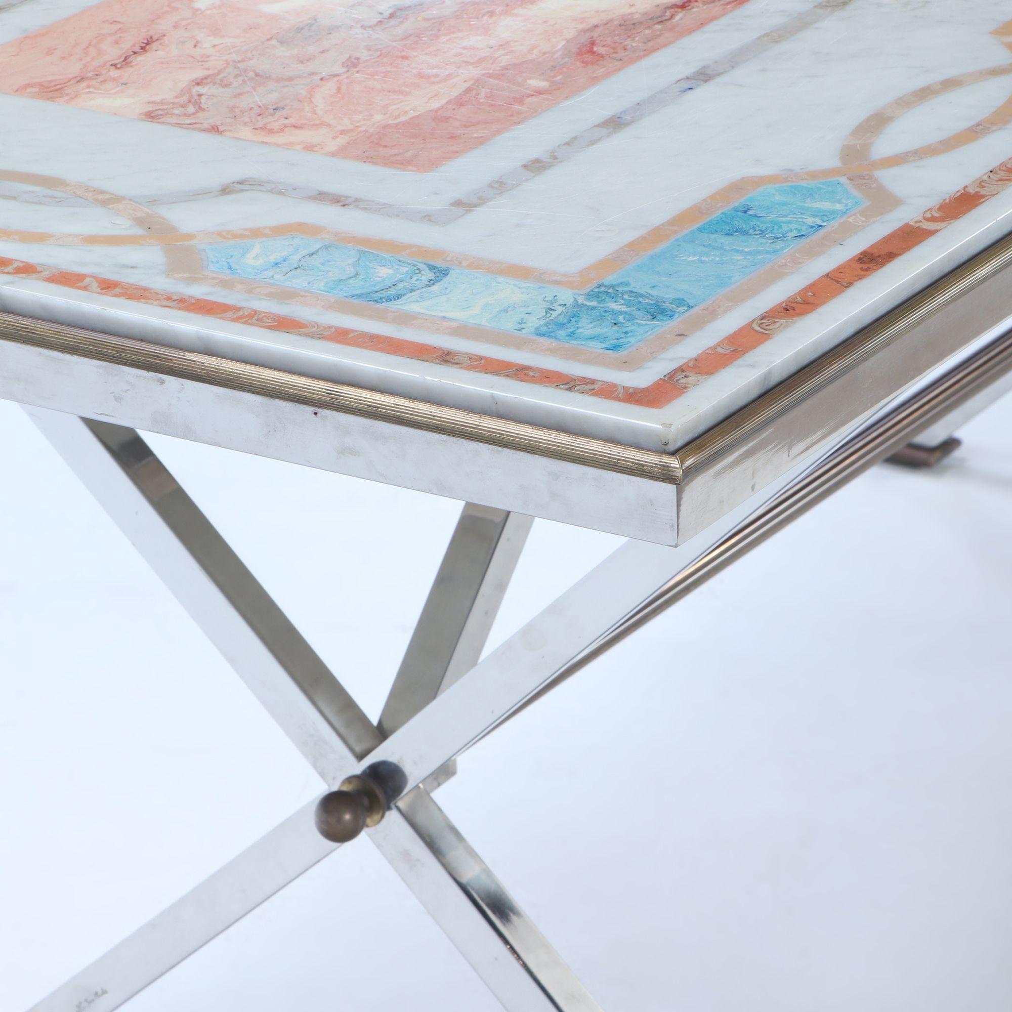 Late 20th Century Rare marble top table on chrome base Signed Jean Charles for Maison Charles 1970 For Sale