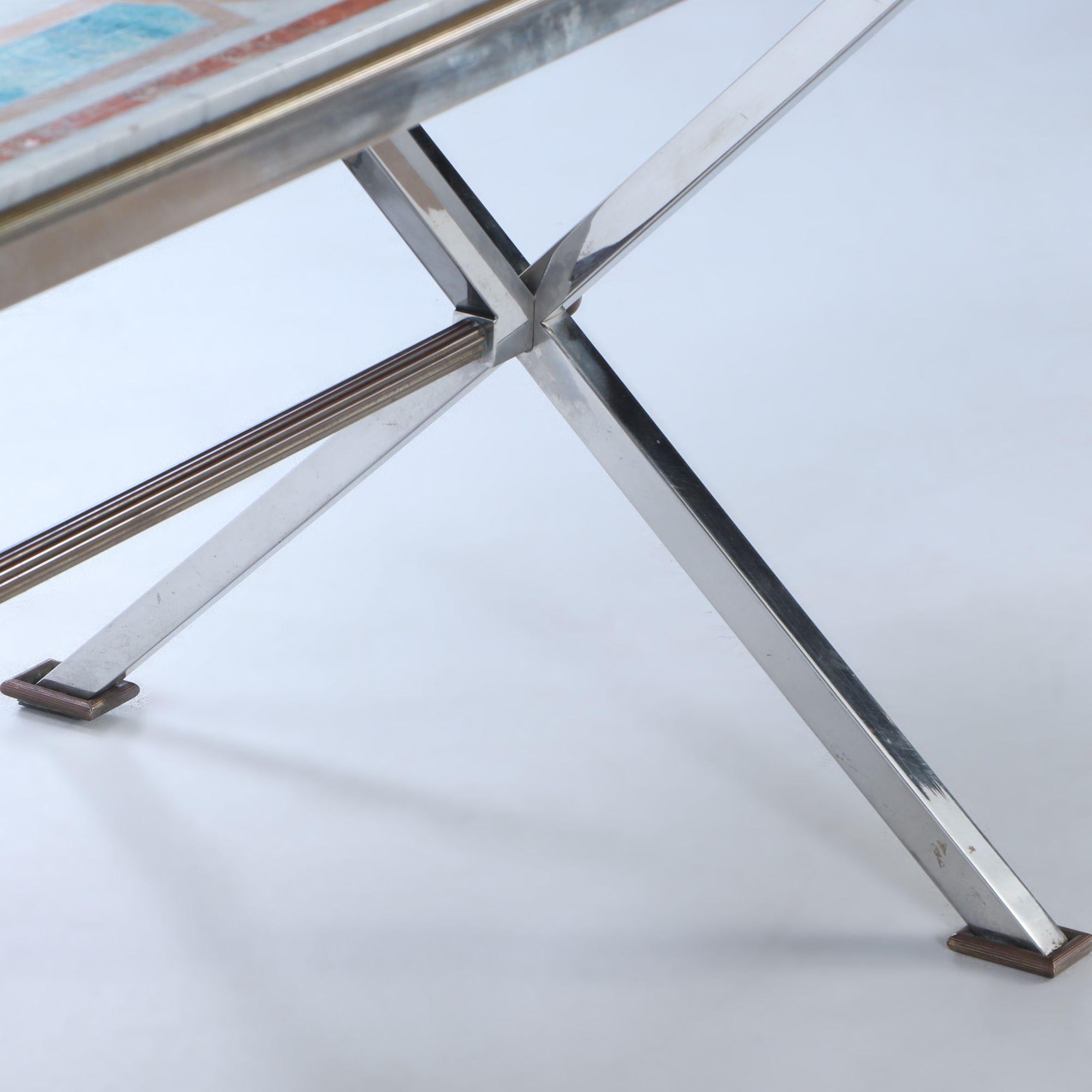 Bronze Rare marble top table on chrome base Signed Jean Charles for Maison Charles 1970 For Sale