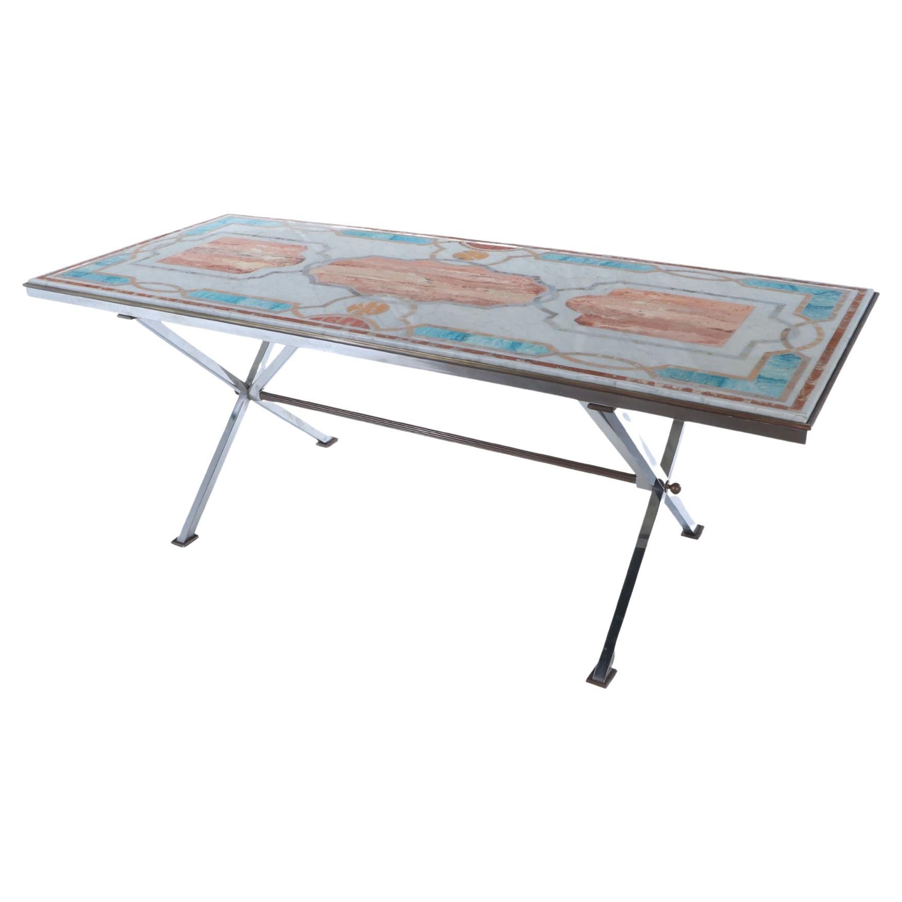 Rare marble top table on chrome base Signed Jean Charles for Maison Charles 1970 For Sale