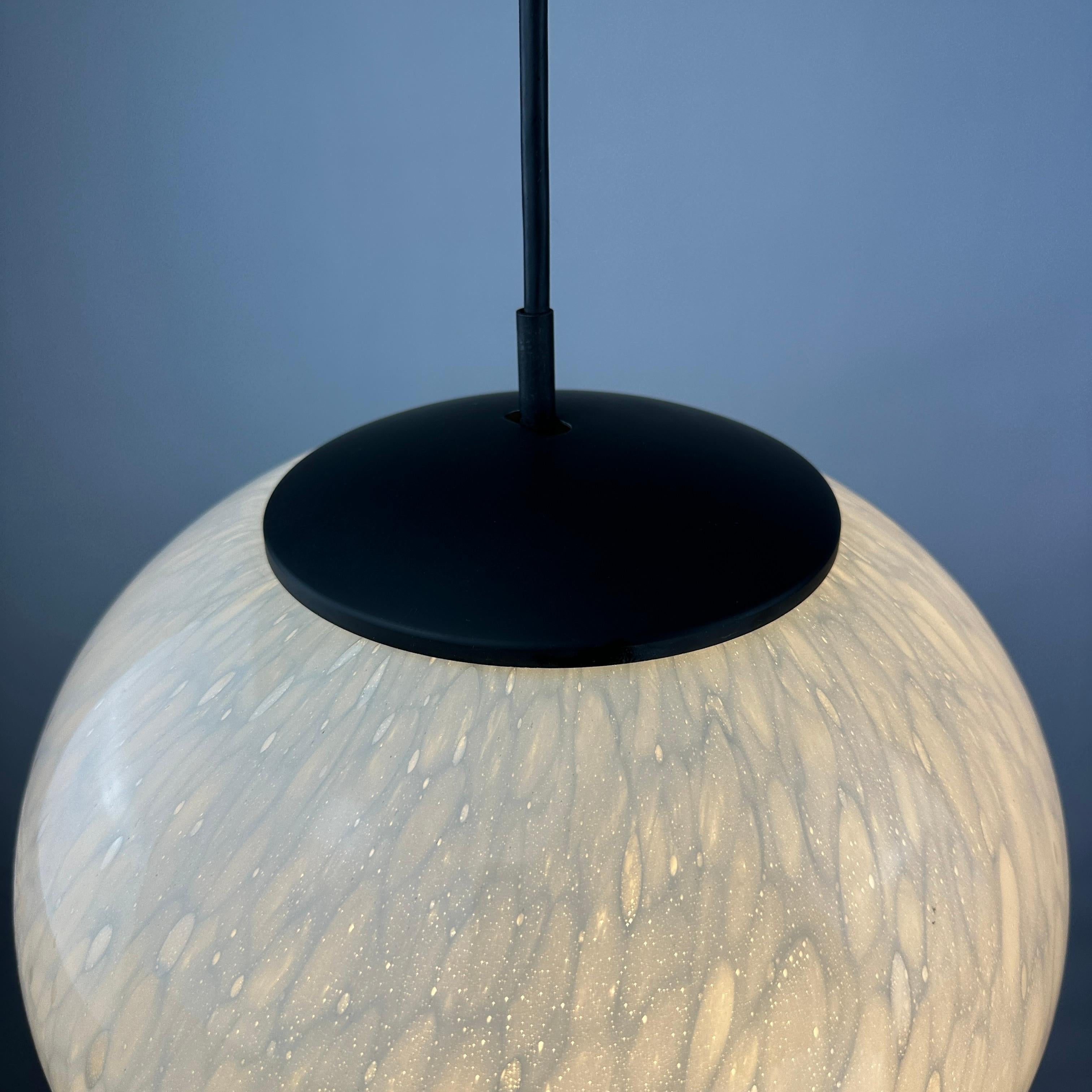 German Rare marbled white globe glass pendant light by Peill and Putzler 1970 For Sale