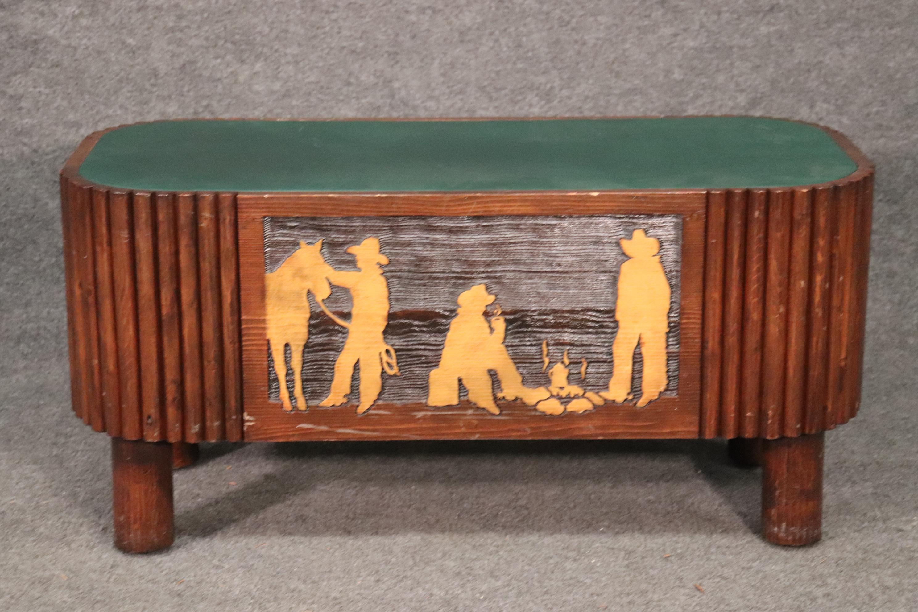 American Rare Marc Taggart Cowboys at a Fire Leather Top Coffee Table