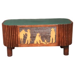 Rare table basse Marc Taggart « Cowboys at a Fire » avec plateau en cuir