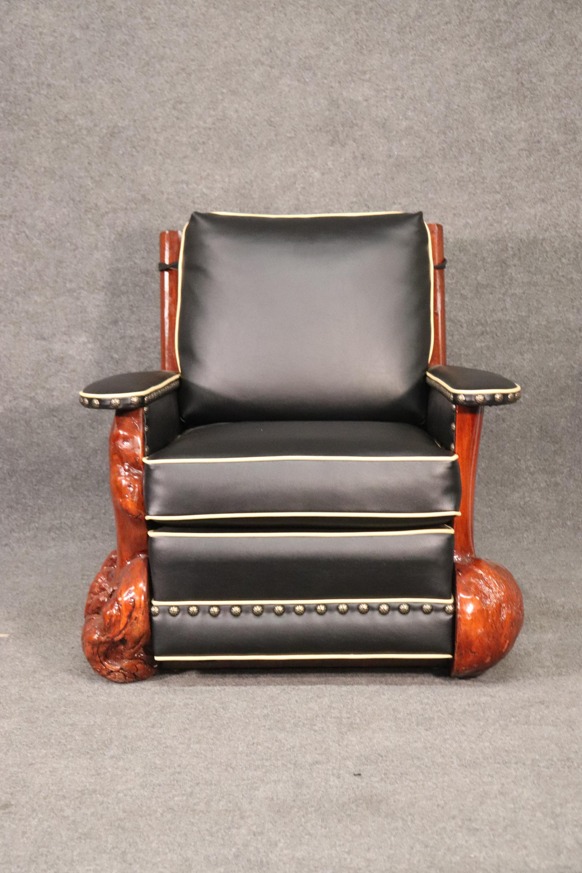 Adirondack Rare Marc Taggart Top Grain Black Leather and Burl Walnut Chair and Ottoman