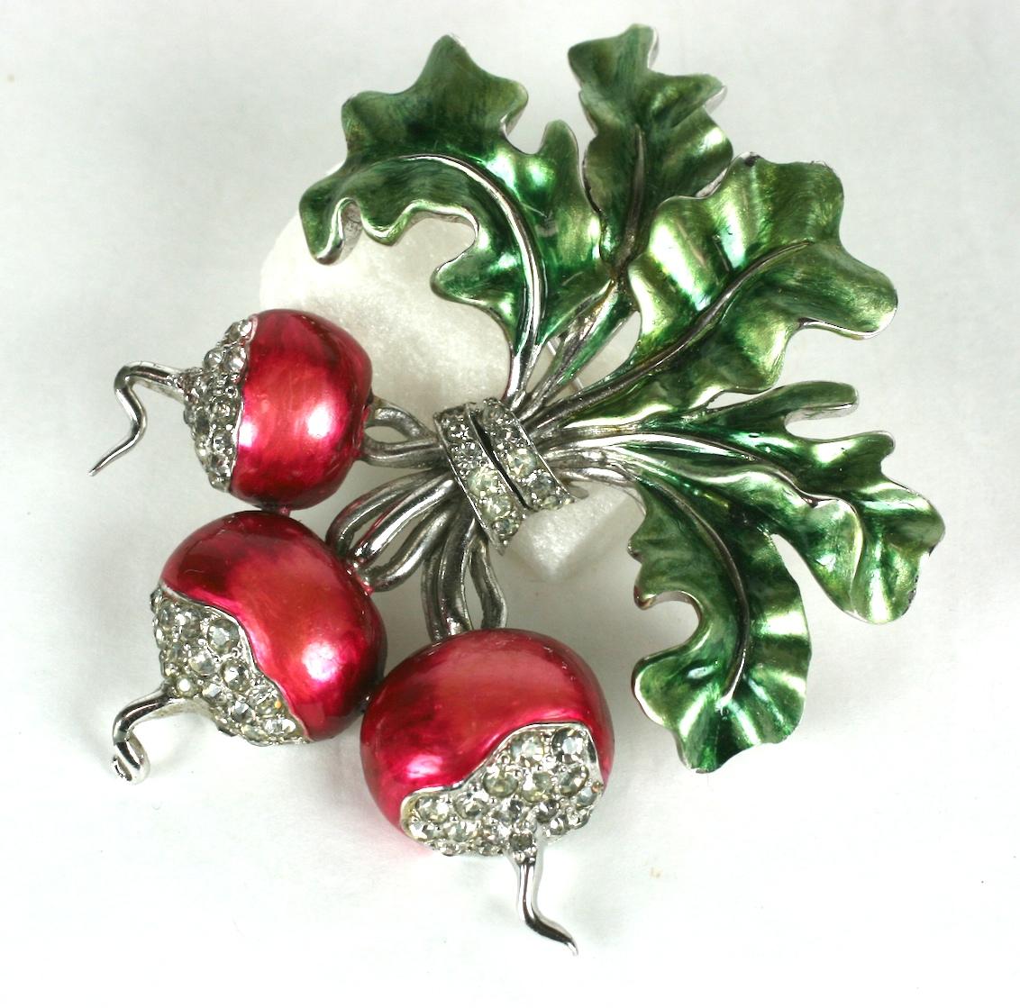 Super rare Marcel Boucher 1941 radish bunch brooch of metallic and pearlized cold enamel with crystal rhinestone pave set in rhodium plate.  Especially rare with original enamel. 
Excellent Condition.
Length 3
