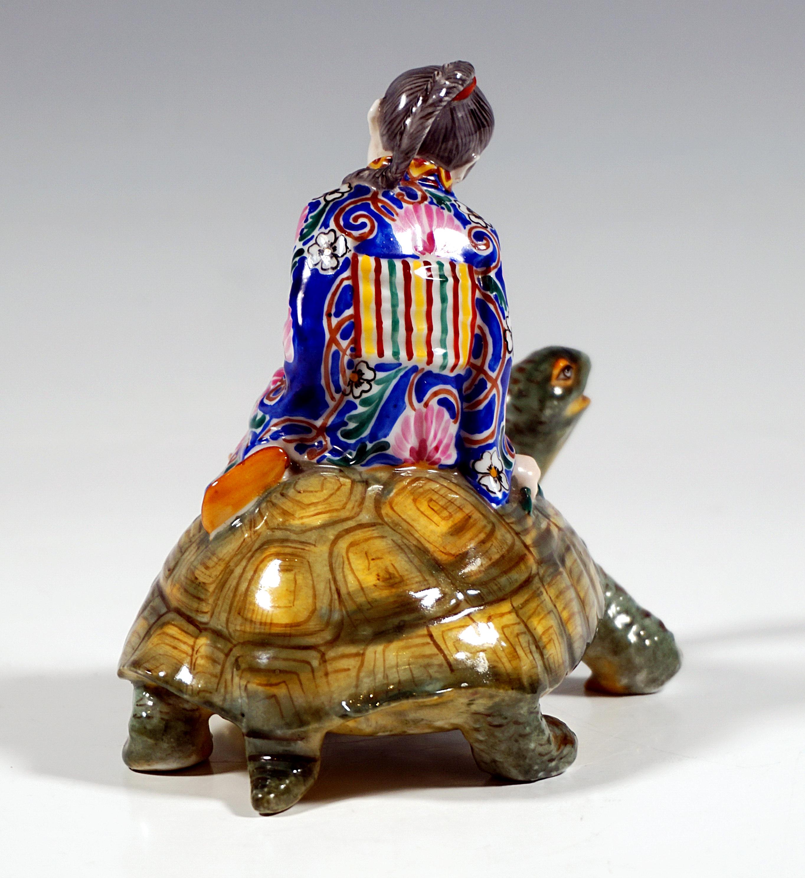 Art Deco Rare Marcell Goldscheider Art Déco Group, Japanese Girl Riding On Turtle, C 1930 For Sale