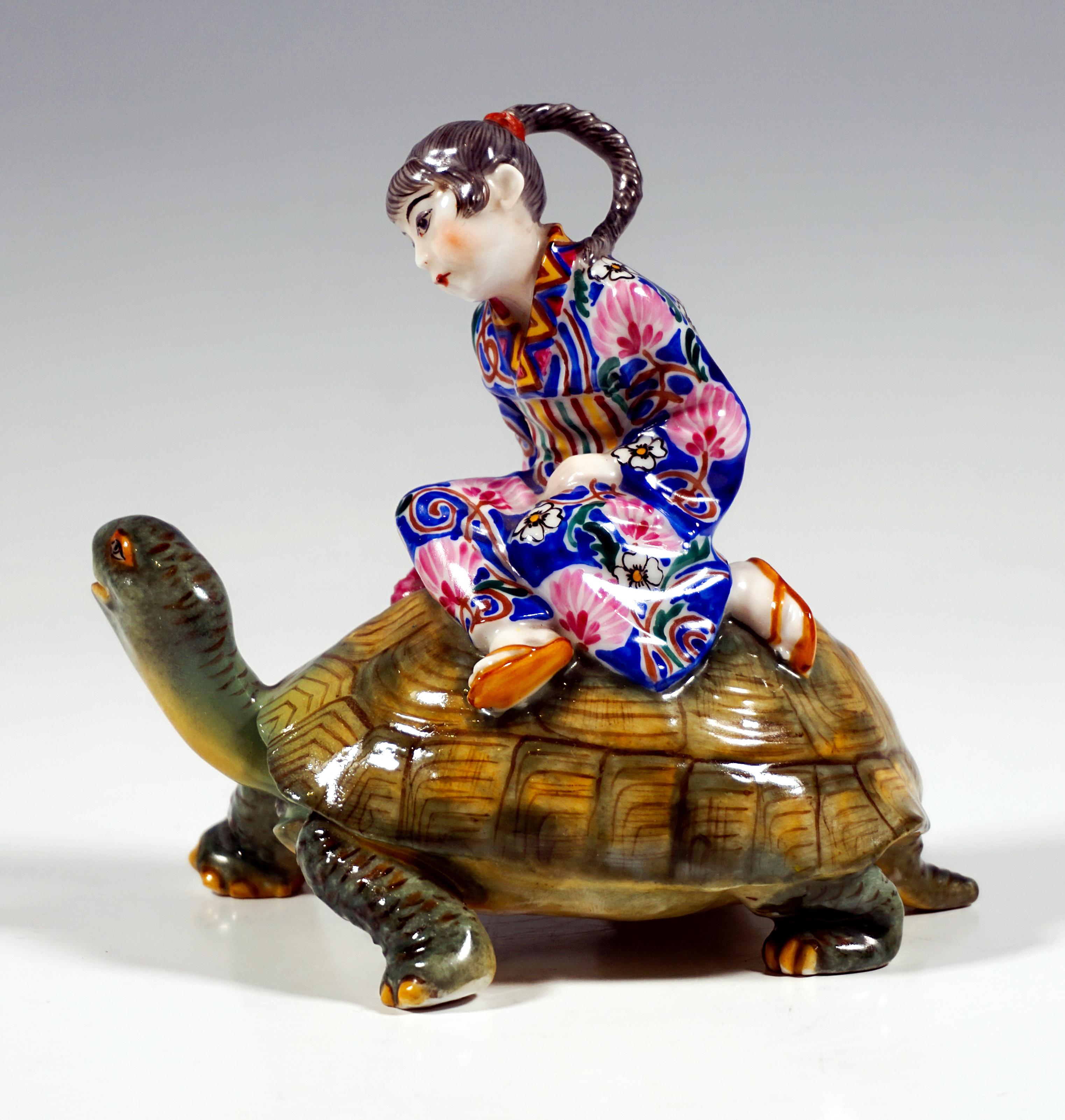 Austrian Rare Marcell Goldscheider Art Déco Group, Japanese Girl Riding On Turtle, C 1930 For Sale