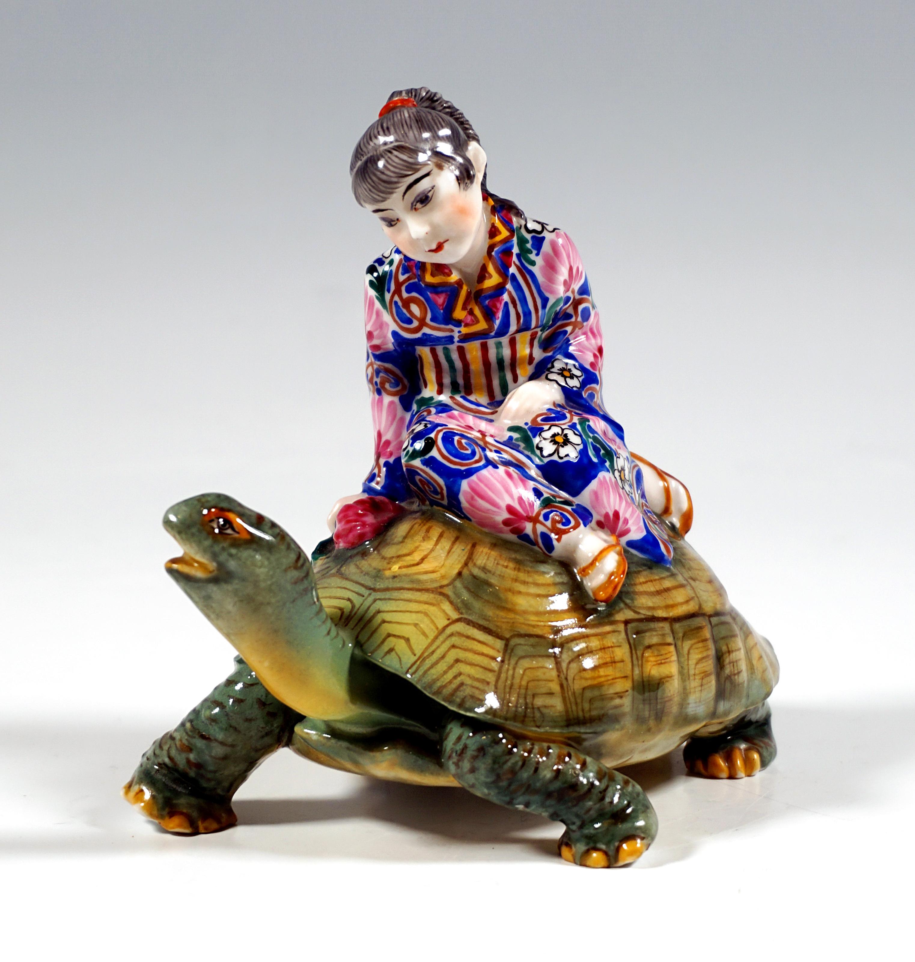 Hand-Crafted Rare Marcell Goldscheider Art Déco Group, Japanese Girl Riding On Turtle, C 1930 For Sale