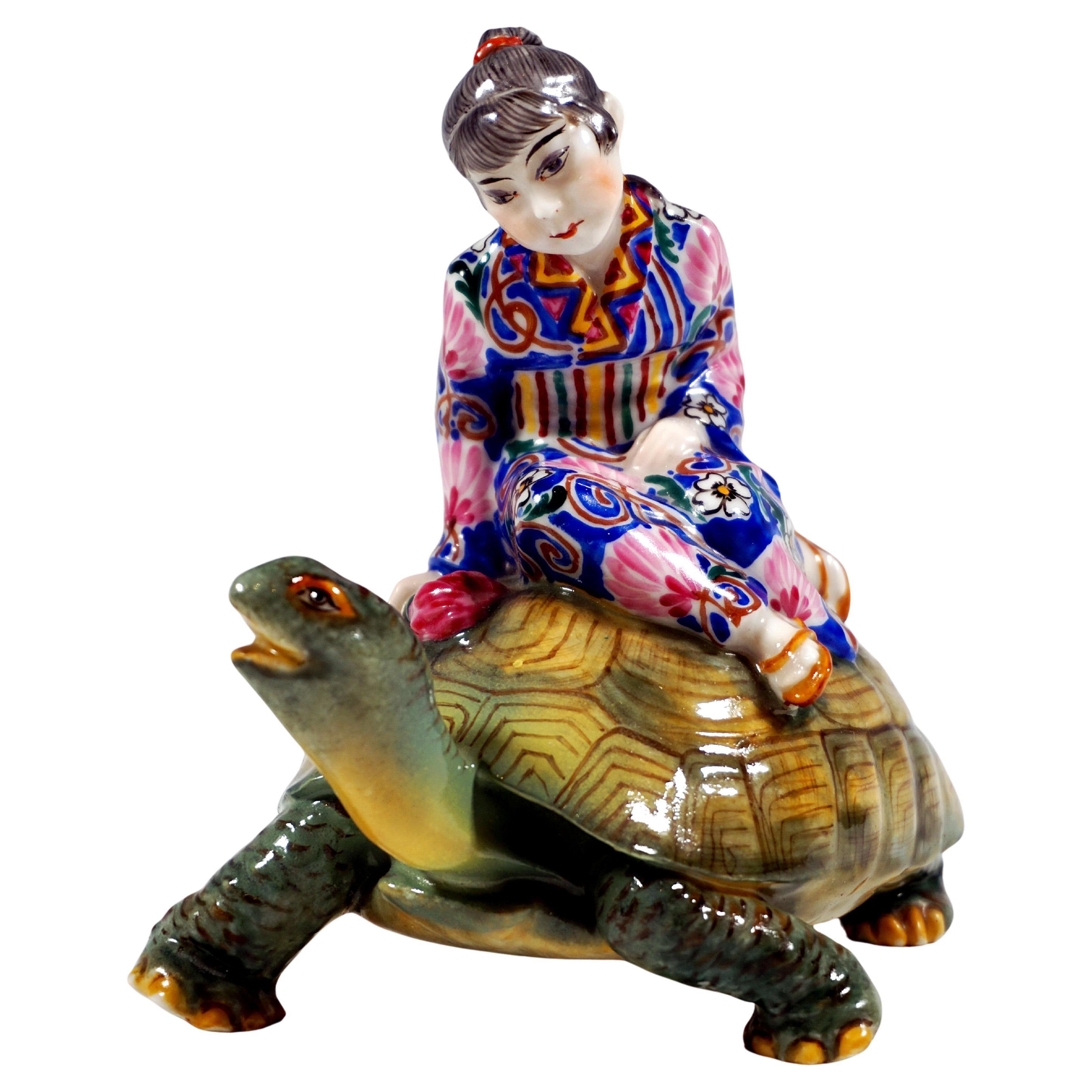 Rare Marcell Goldscheider Art Déco Group, Japanese Girl Riding On Turtle, C 1930 For Sale