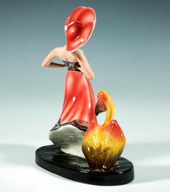 Seltene Marcell Goldscheider Vienna Art Déco Gruppe, Tänzerin mit Pelikan, um 1930