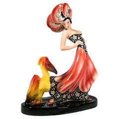 Vintage Rare Marcell Goldscheider Vienna Art Déco Group, Dancer With Pelican, c. 1930