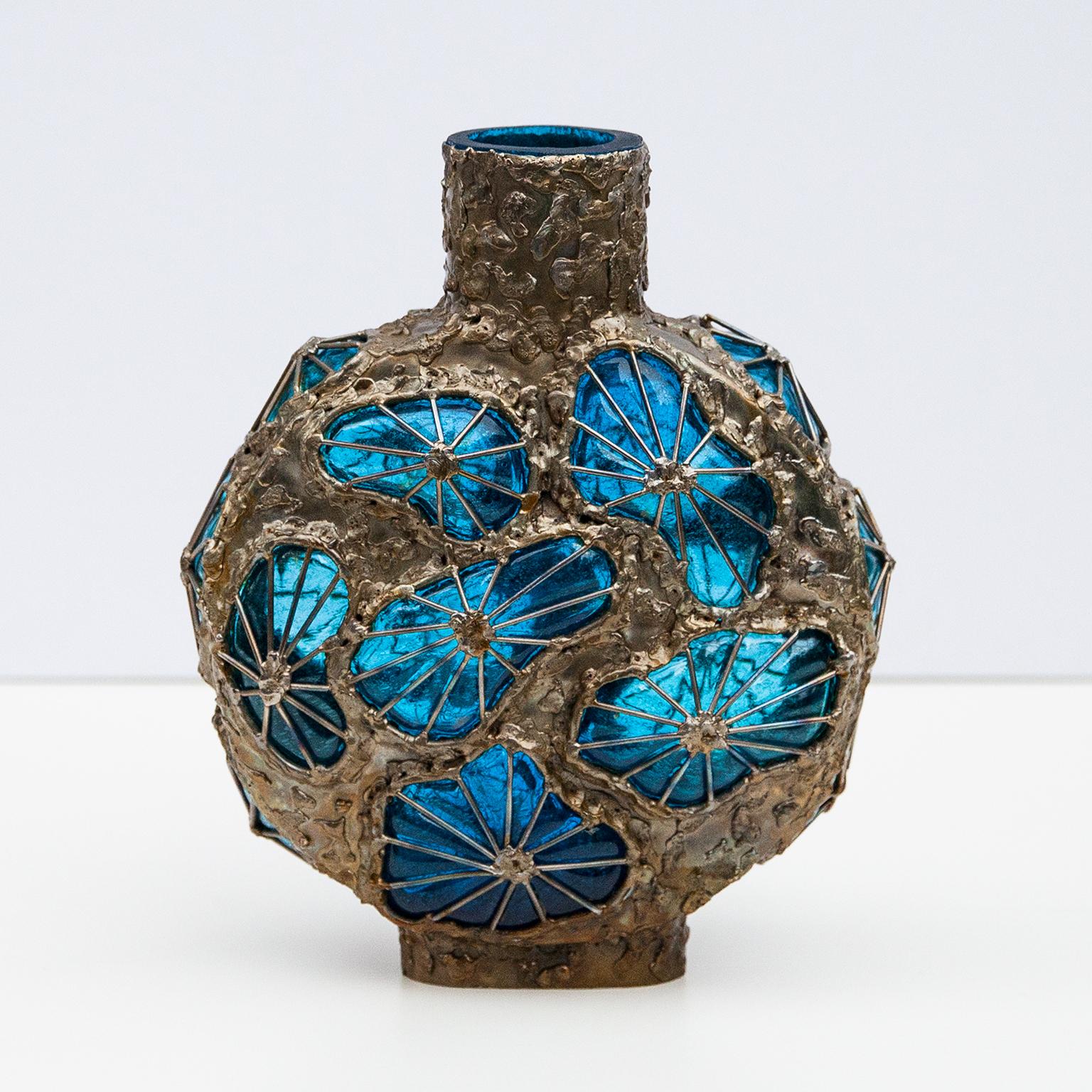 Gilt Rare Marcello Fantoni Blue Glass Metal Vase, Italy, 1970s
