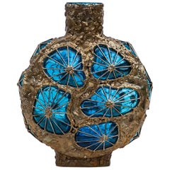 Rare Marcello Fantoni Blue Glass Metal Vase, Italy, 1970s