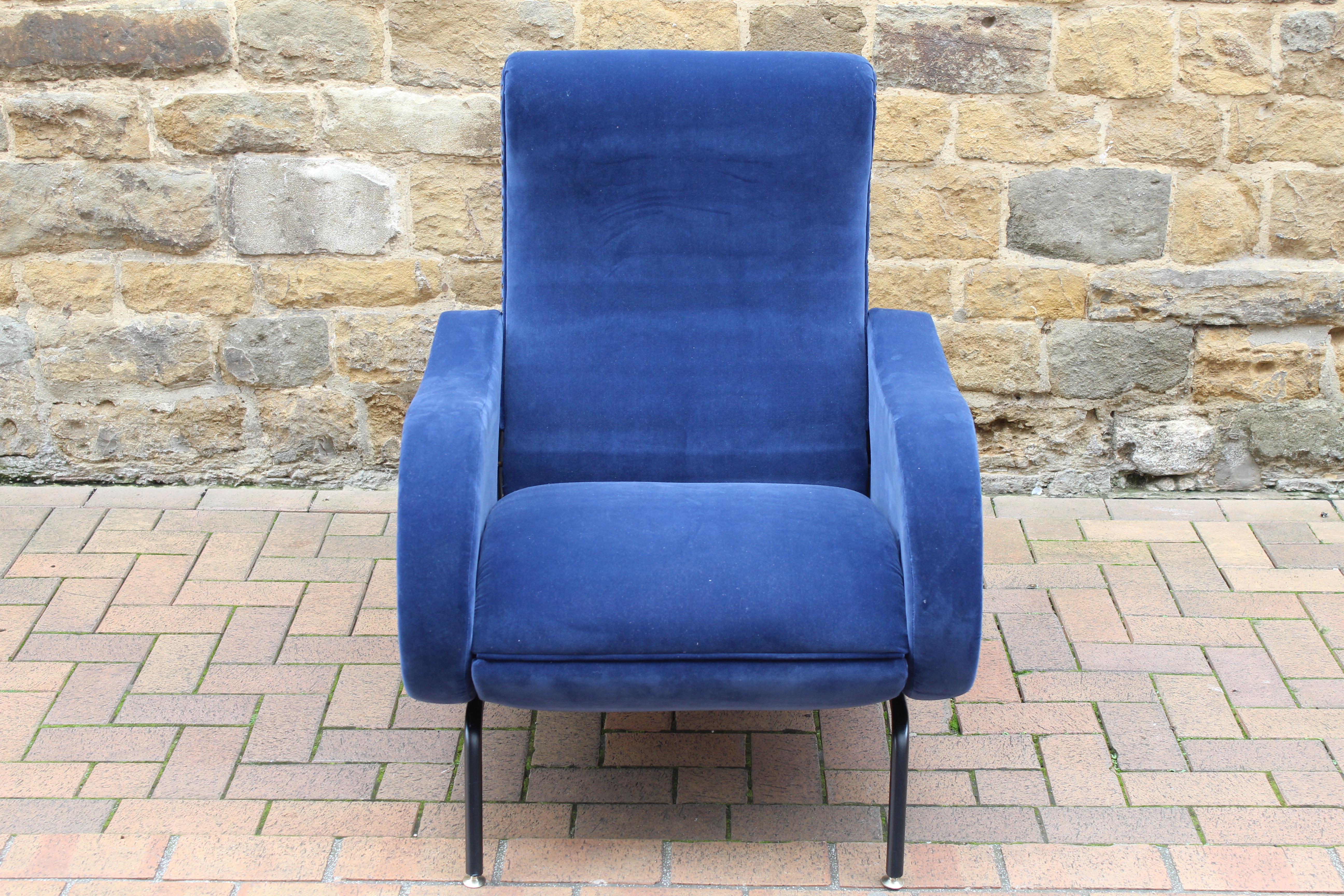 Italian Rare Marco Zanuso Recliner Armchair Blue Velvet