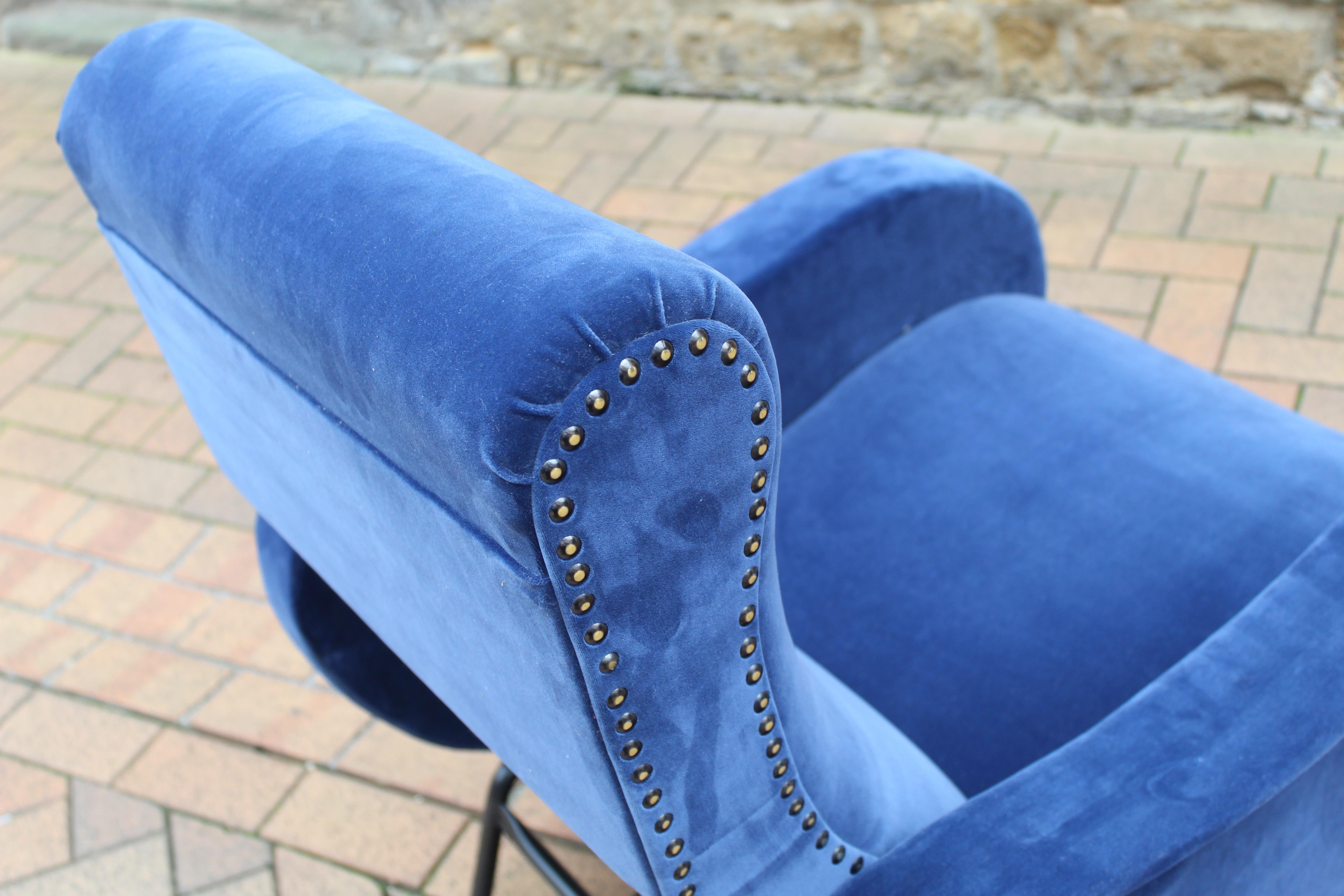 Rare Marco Zanuso Recliner Armchair Blue Velvet In Good Condition In London, GB