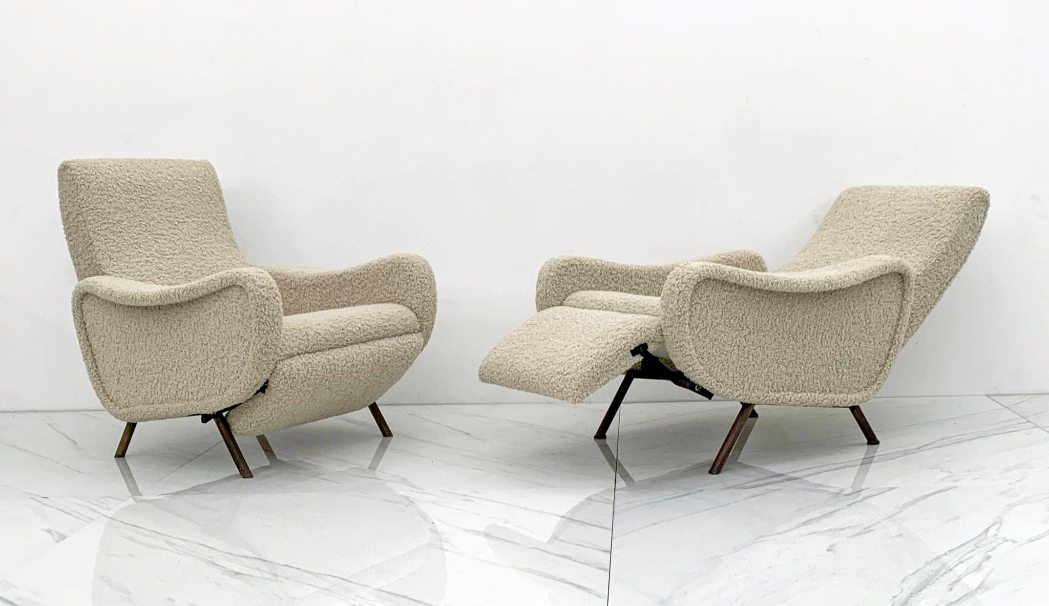 Rare Marco Zanuso Reclining Lady Chairs in Boucle, Pizetti Roma, Italy, 1960's 3