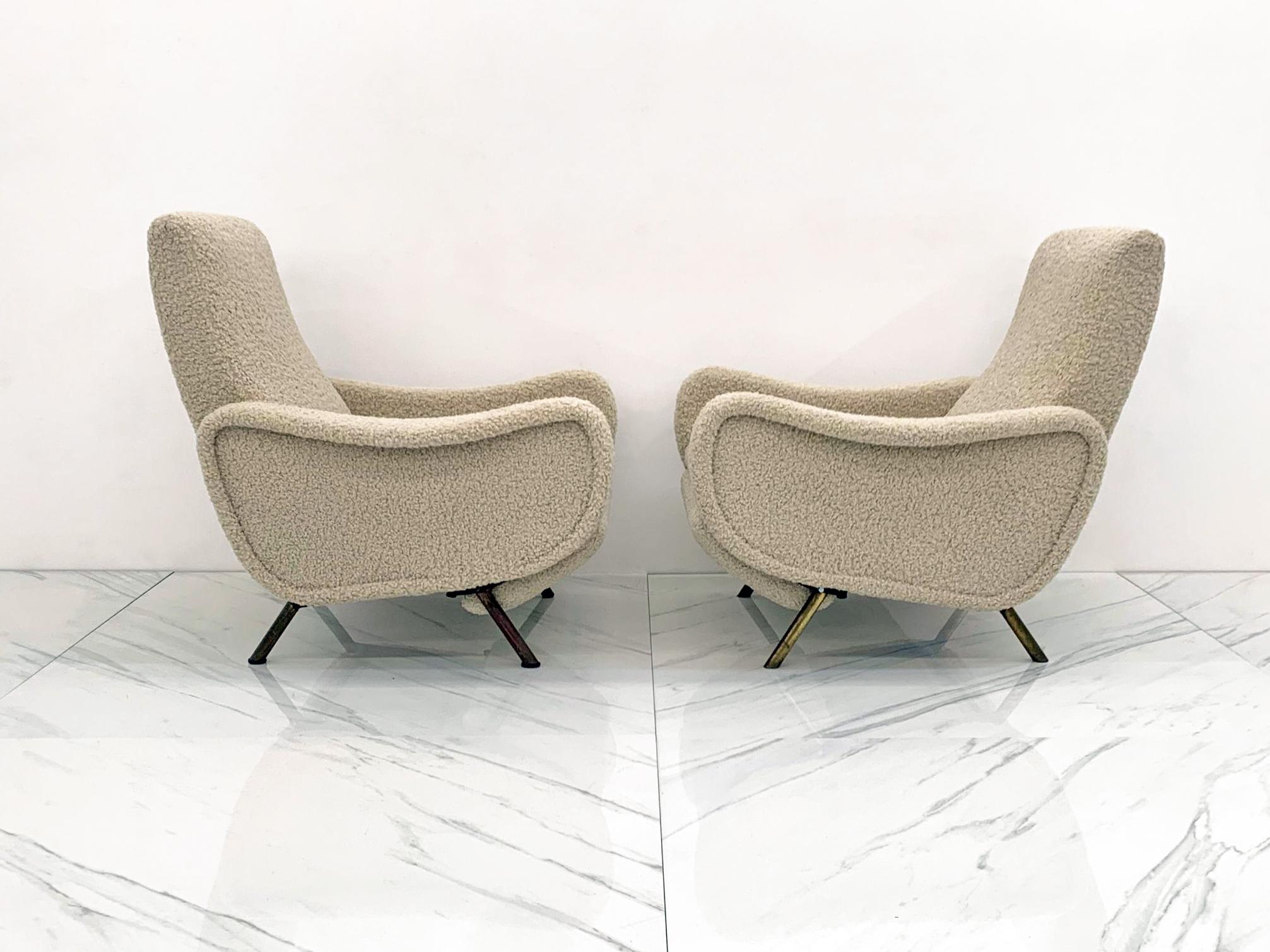 Steel Rare Marco Zanuso Reclining Lady Chairs in Boucle, Pizetti Roma, Italy, 1960's