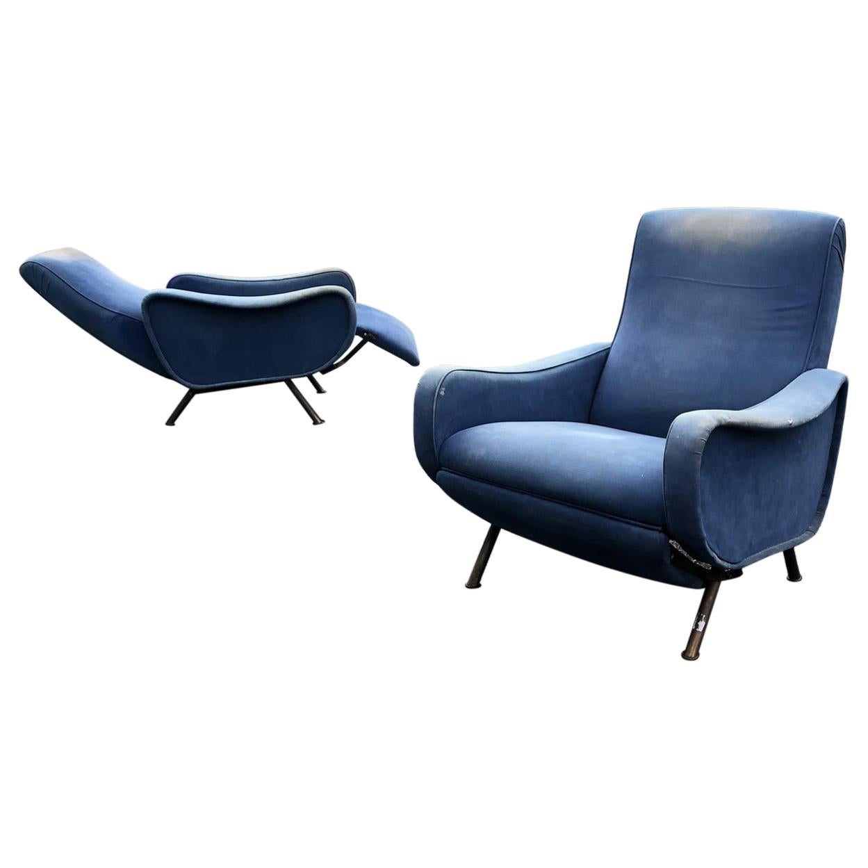 Rare Marco Zanuso Reclining Lady Chairs, Italy, 1960s, reupholstered in COM