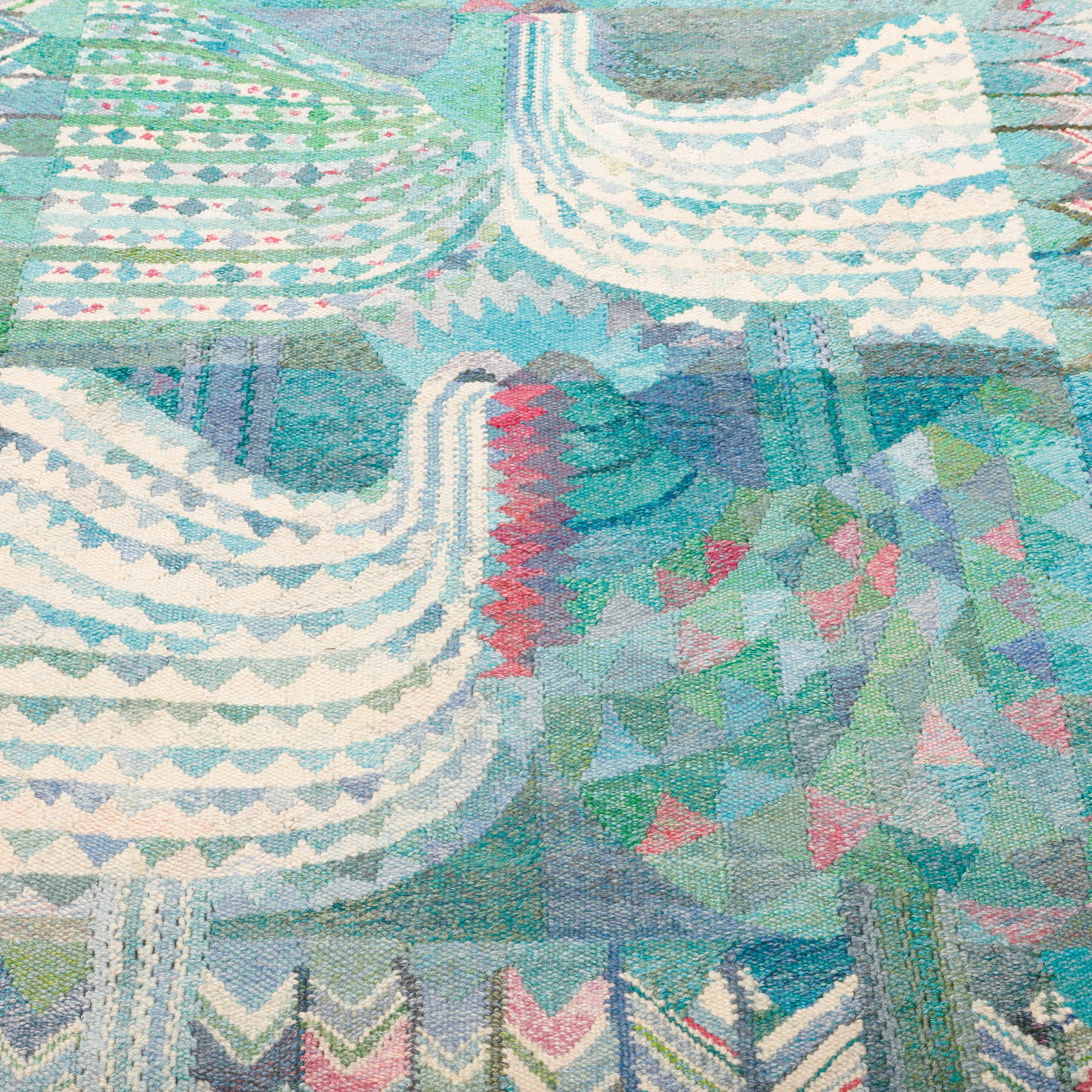 This is a rare handwoven and large tapestry designed by Marianne Richter (1916-2010) for AB Märta Måås-Fjetterströms ateliers in Båstad, Sweden. The composition is called 