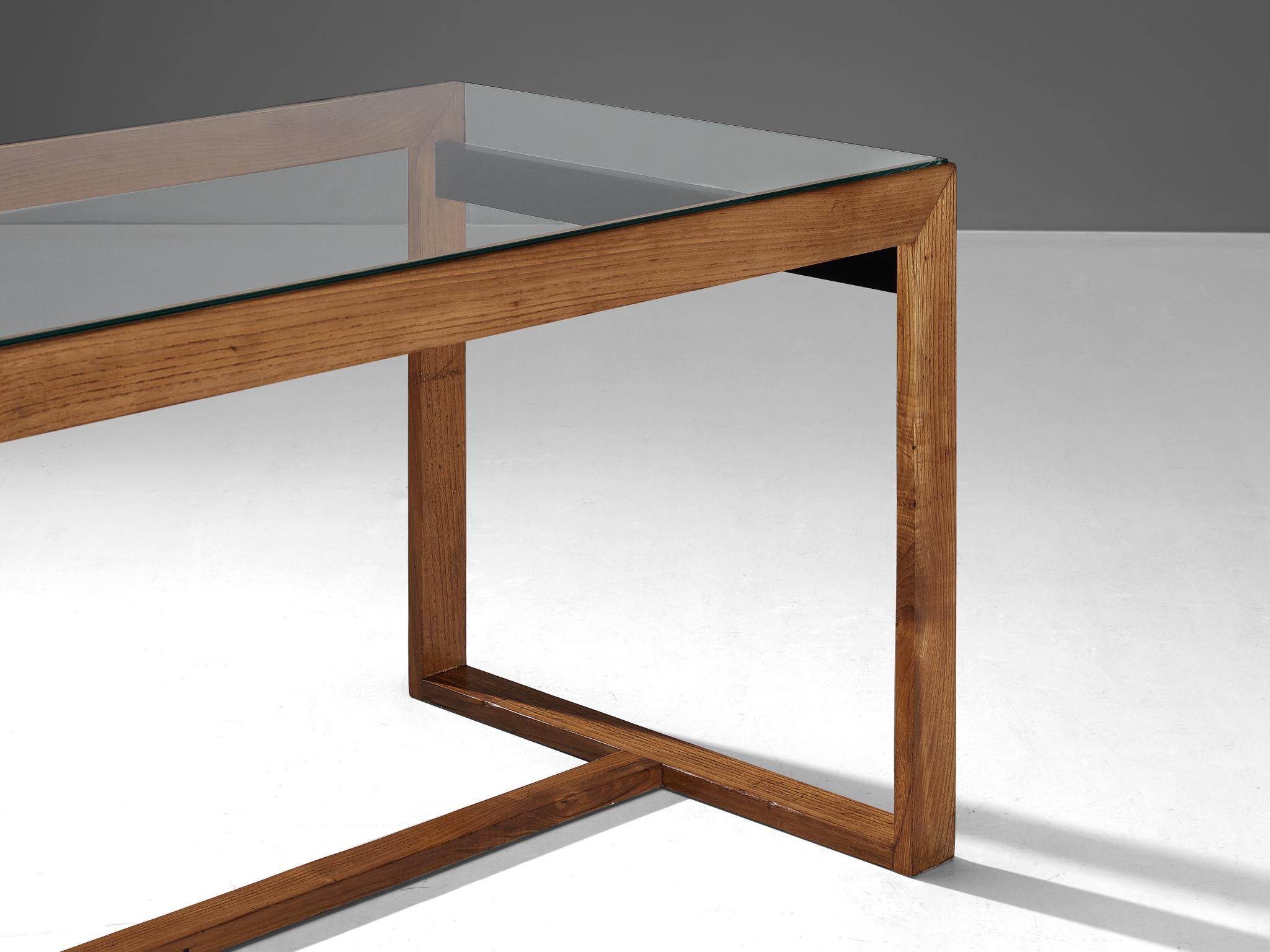 italien Rare table de salle à manger Morosini en frêne et verre en vente