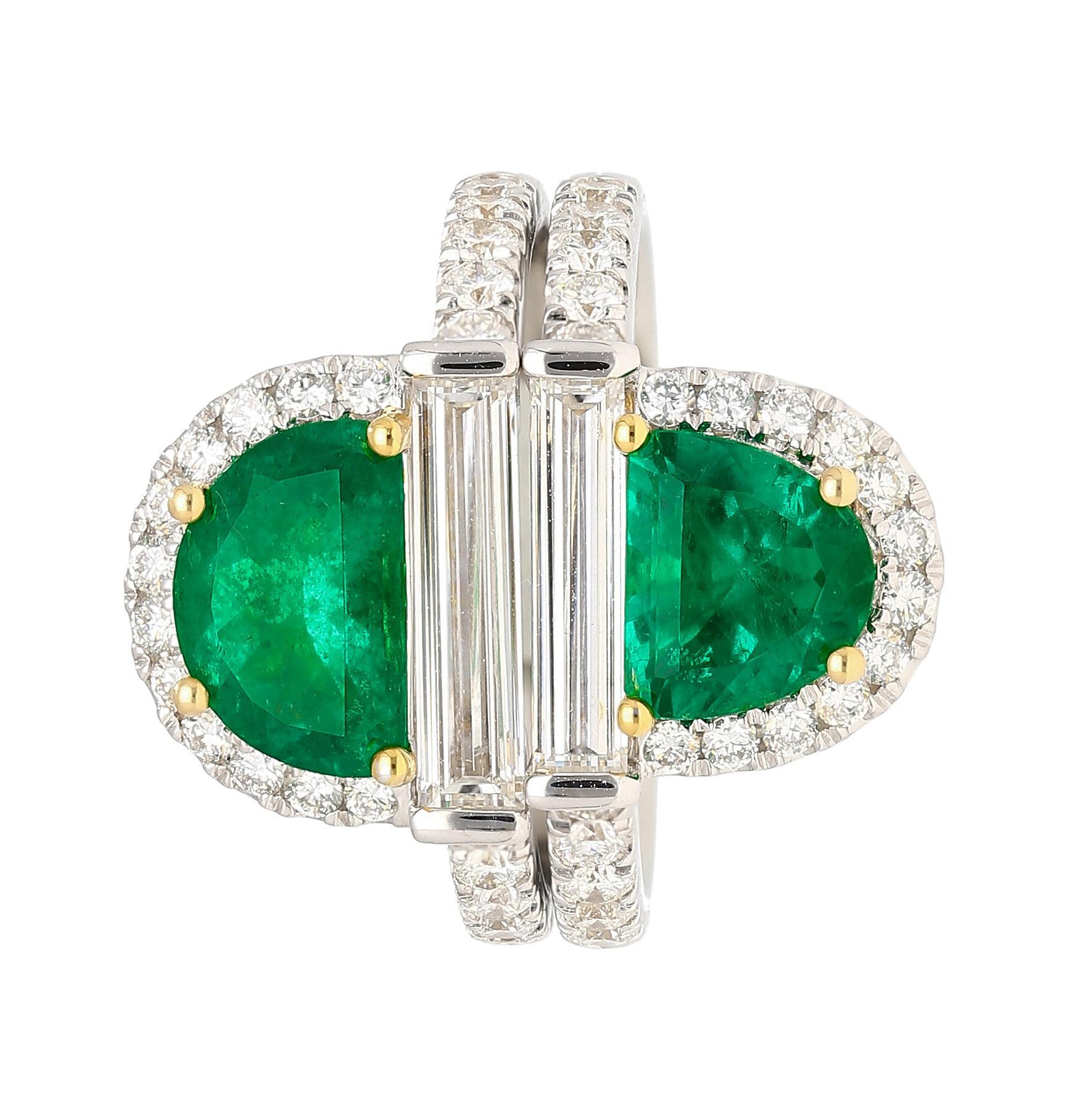 Half Moon Cut Rare Mariposa Vivid Green Muzo Old Mine Colombian Emerald and Diamond Stack Ring For Sale