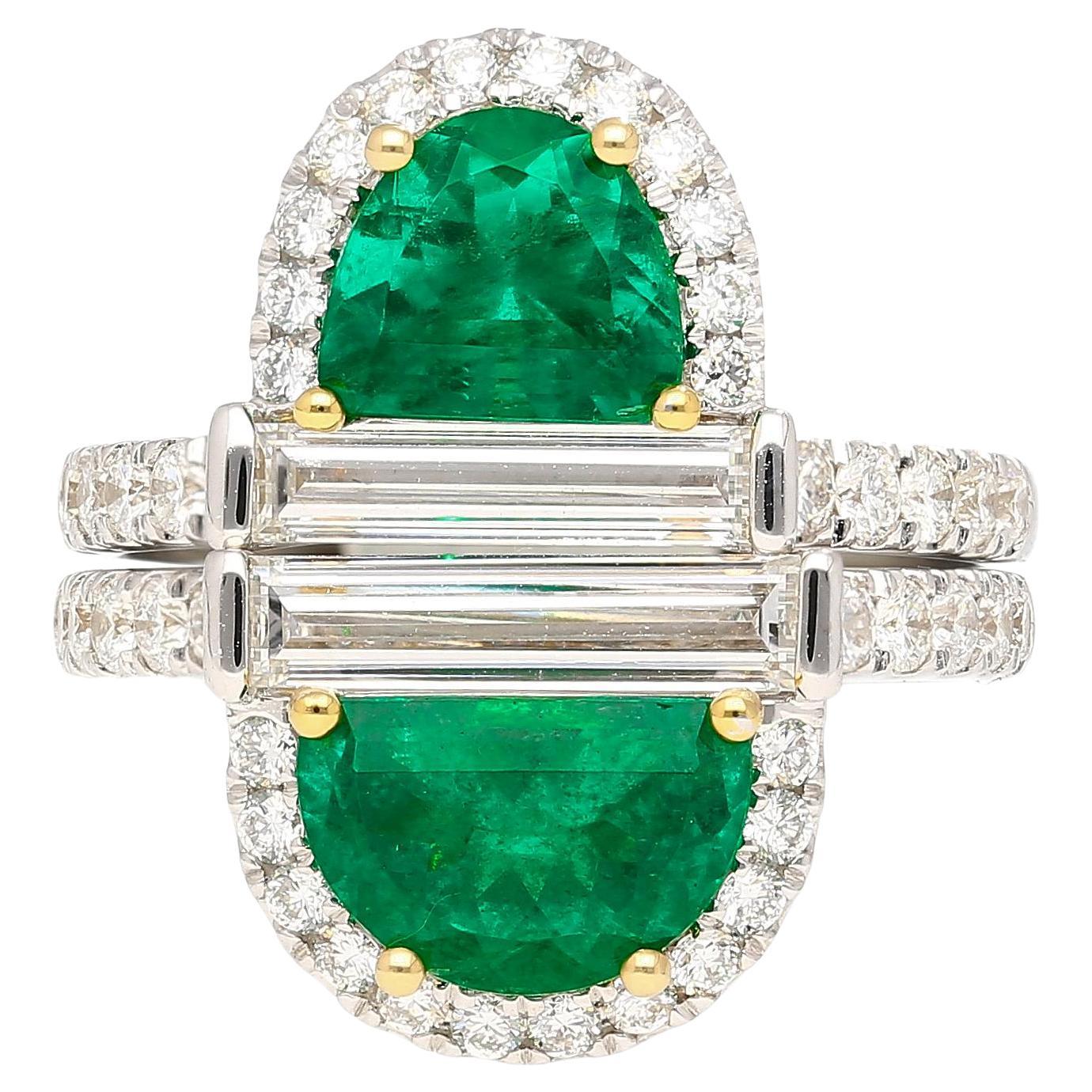Rare Mariposa Vivid Green Muzo Old Mine Colombian Emerald and Diamond Stack Ring For Sale