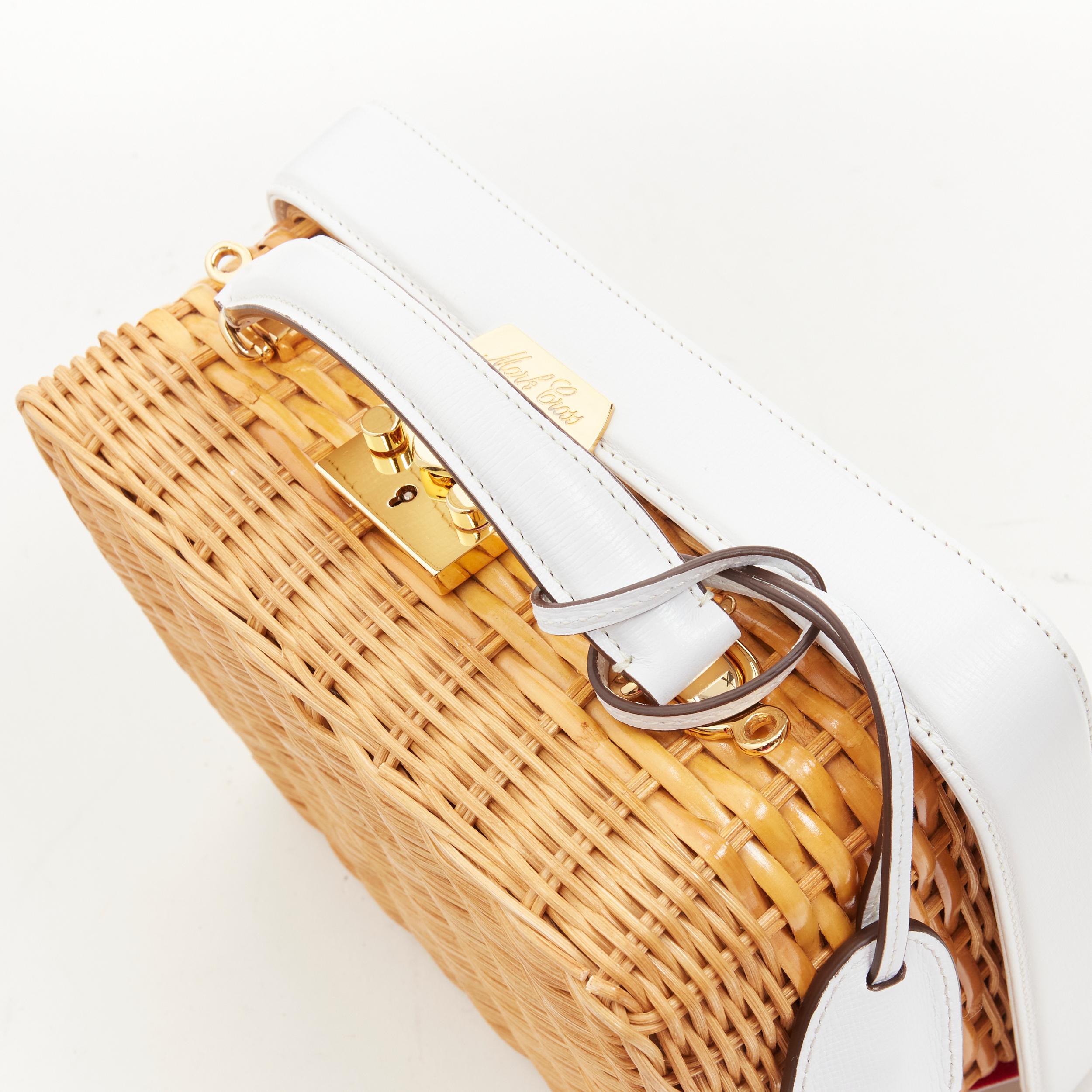 rare MARK CROSS Grace white leather rattan wicker crossbody box bag 1
