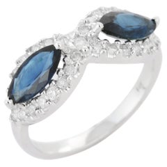 Rare Marquise Blue Sapphire and Diamond Cocktail Ring in 14K White Gold