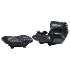 Rare Marsala lounge chair 
poof in black leather - Michel Ducaroy - Ligne Roset