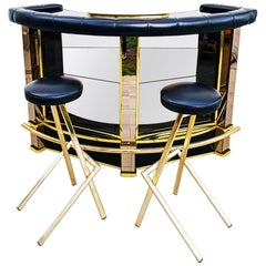 Rare Martin Dry Bar Mirror and Brass with Stools and Shelves, 1970s