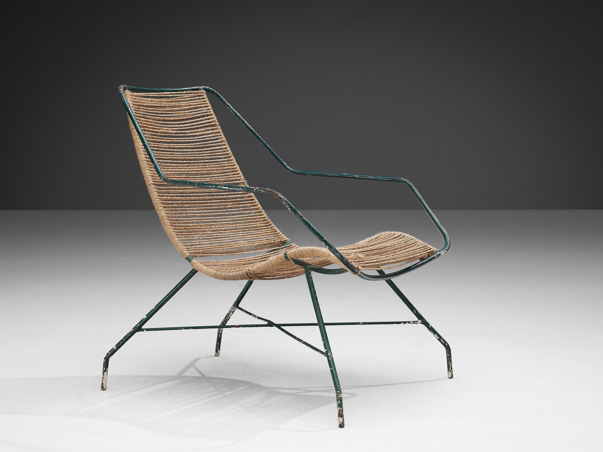 Rare Martin Eisler & Carlo Hauner Lounge Chair in Iron and Rope  In Good Condition For Sale In Waalwijk, NL