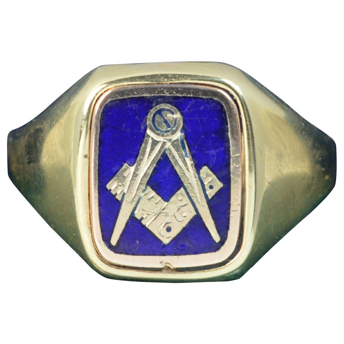 Rare Masonic 9 Carat Gold and Enamel Design Men’s Signet Ring