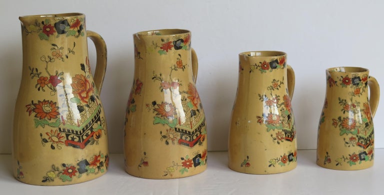 Victorian Rare Mason's Ironstone Graduated Set of 4 Jugs or Pitchers Flower Box Ptn C 1840 For Sale