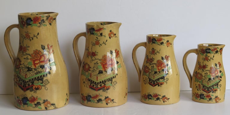 Hand-Painted Rare Mason's Ironstone Graduated Set of 4 Jugs or Pitchers Flower Box Ptn C 1840 For Sale
